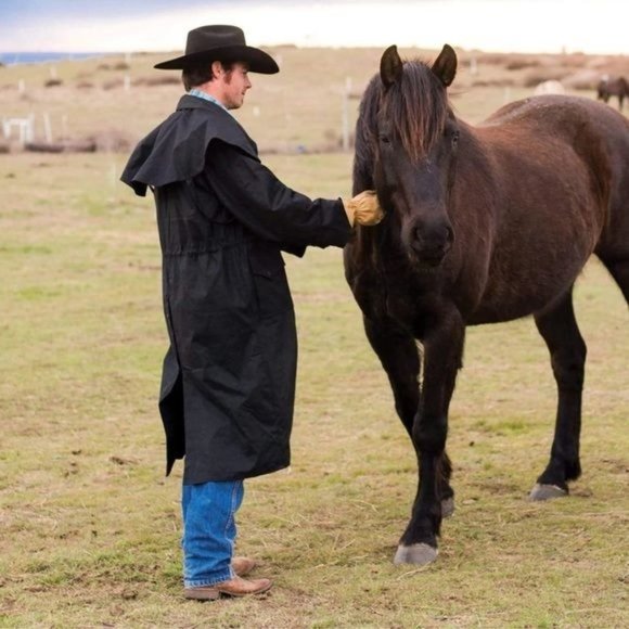Australian outback extra long black Stockman Duster oilskin slicker ranch trench - Picture 1 of 9